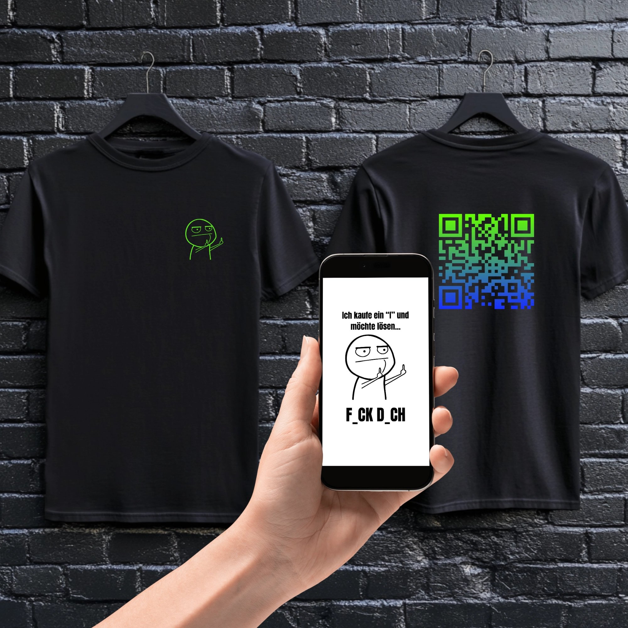QR-Code-T-Shirt Unisex „Ich kaufe ein „I“ und möchte lösen… F_CK D_CH"